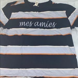 Navy blue, baby blue and orange striped tee
